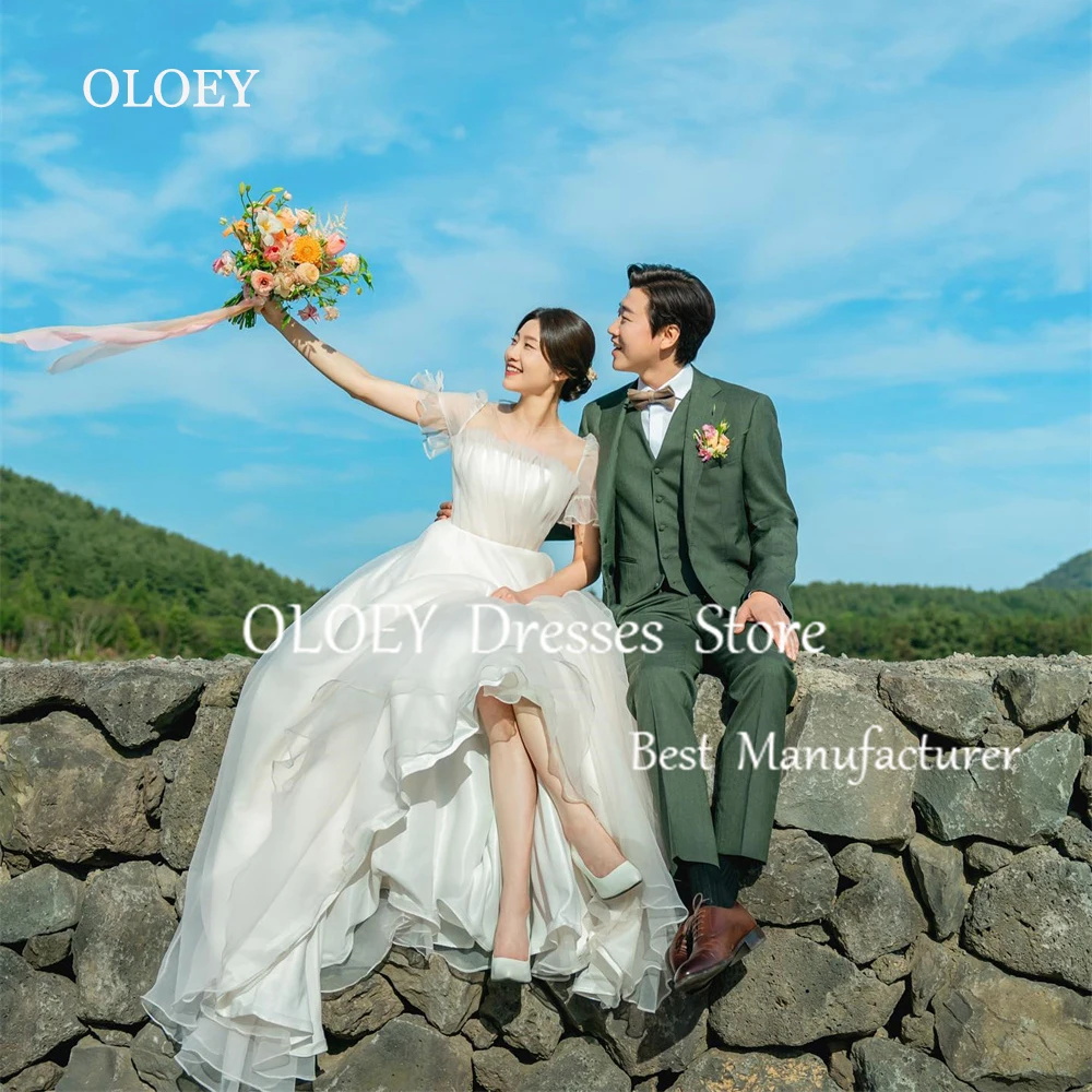 

OLOEY Ivory Square Collar A Line Wedding Dress Korea Photoshoot Silky Organza Pleats Bridal Gown Custom Plus Size Corset Back