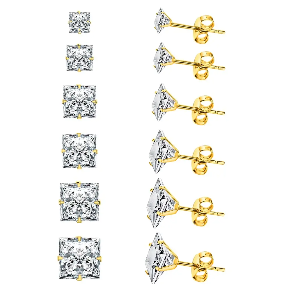 316L Hypoallergenic Stainless Steel 14K White Gold Plated Square Cubic Zirconia Stud Earrings Set for Men Women Pack of 6 Pairs