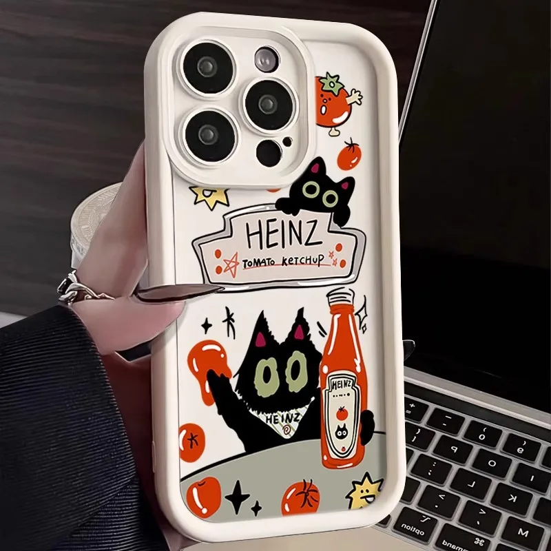 Tomato Little Black Cat Goodlooking Cute Graffiti Soft Phone Case For iPhone 15 Pro Max 14 Plus 13 12 11 XR X XS 8 7 Cover