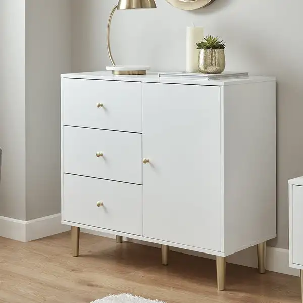 

xx-Living Room Cabinet French White Slim Metal Gold Leg French Modern Sideboard with 3 Drawers Chest*