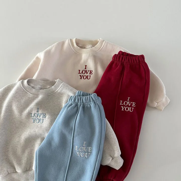 2024 Winter New Children Letter Embroidery Fleece Sweatshirt Set Boys Girls Plus Velvet Thick Sweat Pants Suit Kids Warm Outfits