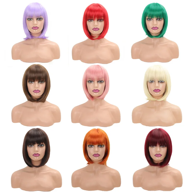 

European and American Style Hot Selling Colorful Clip-in Bangs 12inch Short Bob Wig Cap