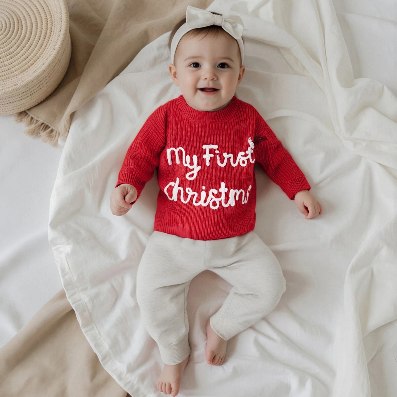 Baby Girls Knit Sweater Christmas Hat and Letter Embroidery Crew Neck Pullover Long Sleeve Tops
