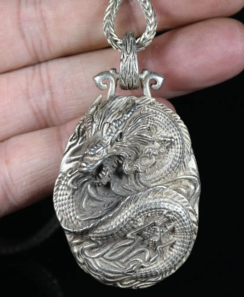 

6.5CM Rare Old Chinese Miao Silver Feng Shui Dragon Lucky Necklace Pendant