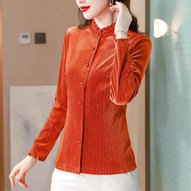 

Рубашка Pleuche 2025, женские весенне-летние блузки с длинными рукавами, винтажные рубашки, золотые бархатные повседневные топы, женские тонкие майки