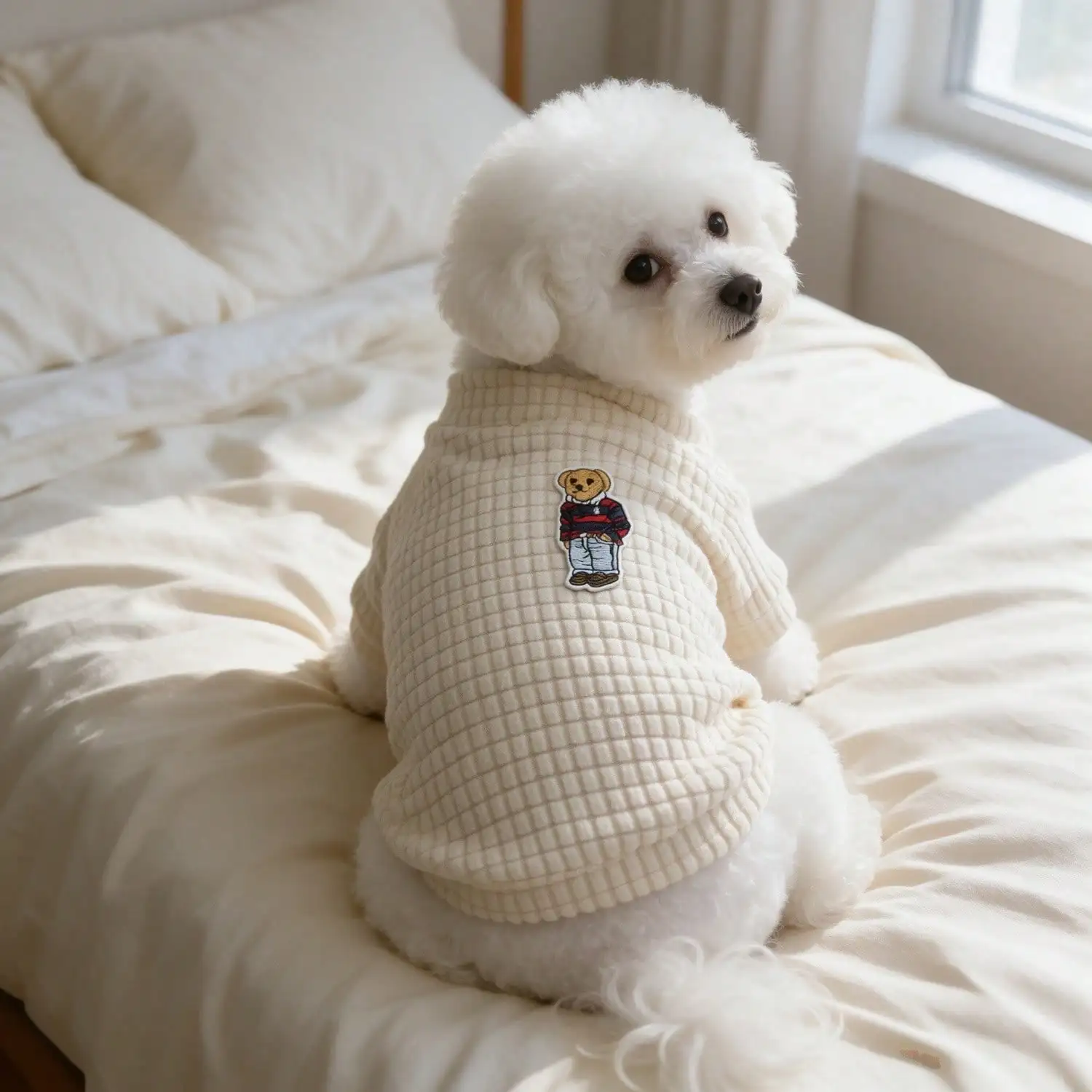 1 Stück Bären-Patch Waffel-Strick-Hundeshirt, weiches Halbrollkragen-Haustier-Outfit für kleine Hunde – Detail 8