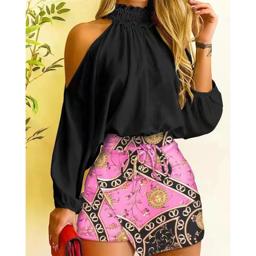 Elegant Office Skirt Sets for Women, Sexy Off Shoulder Sleeve Loose Shirts, Lace-up Mini Shorts, 2-Piece Suit, Autumn, 2023