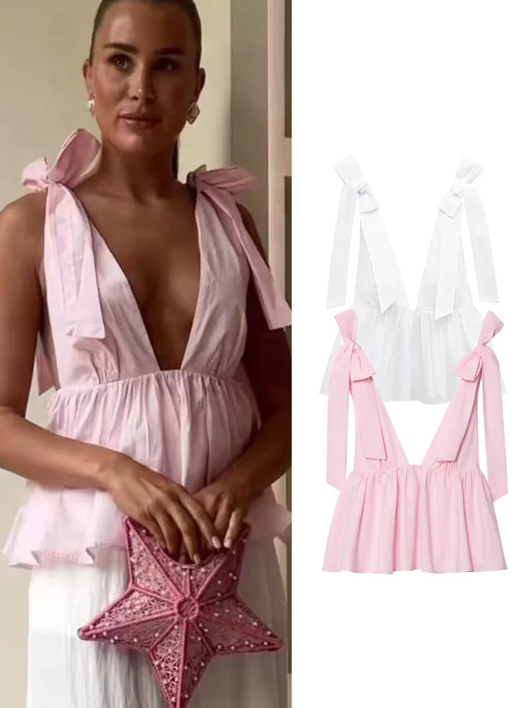 

TFMLN Women's Lace Up Bow Sling Tops Fashion Solid Sexy Deep V Neck Sleeveless Backless Tops 2025 New Elegant Party Clothing