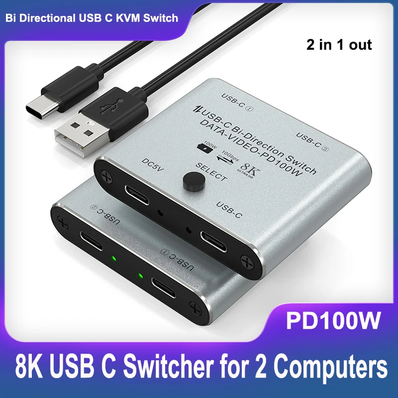 

8K USB C Switch USB C Switcher for 2 Computers - Bi Directional KVM Splitter for 8K@60Hz/4K@144Hz Video Transfer+10Gbps Data