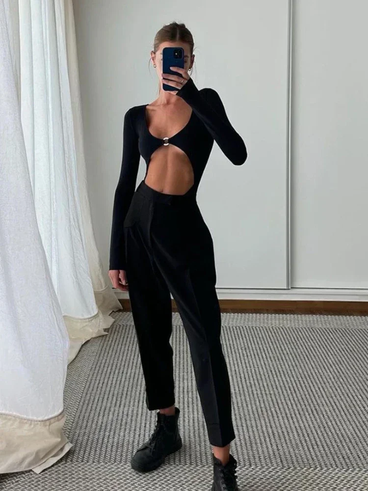 Sexy Splicing Ring Bodysuit Autumn Decorative Jumpsuit  U-neck Long Sleeve Umbilicus Hollow Out 2023 Winter Vintage Bodysuit