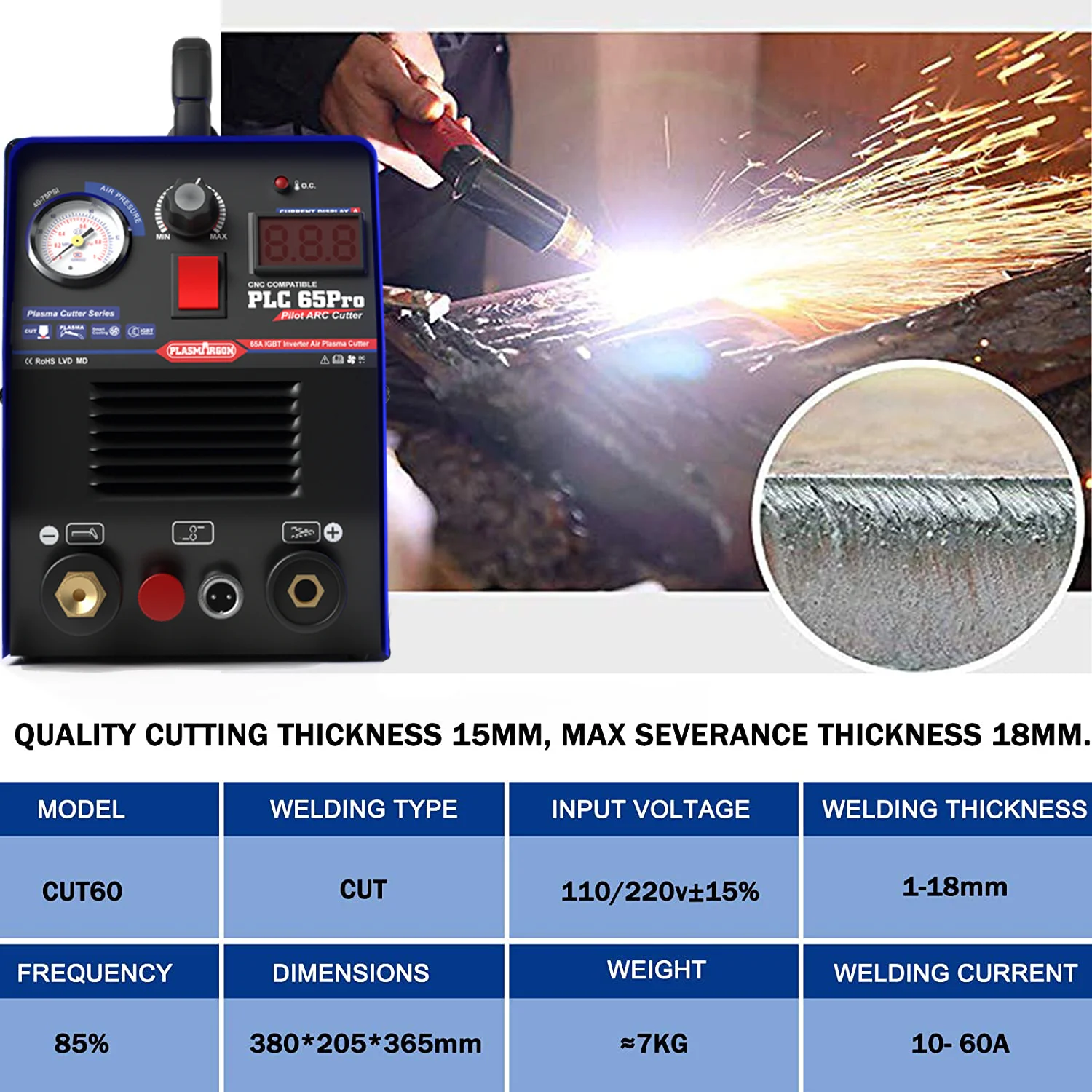 Pilot Arc Plasma Cutter IGBT 220V Single Phase CNC Plasma Cutting Machine PLC65P 65Amp 18mm Cut Copper Steel All Metal