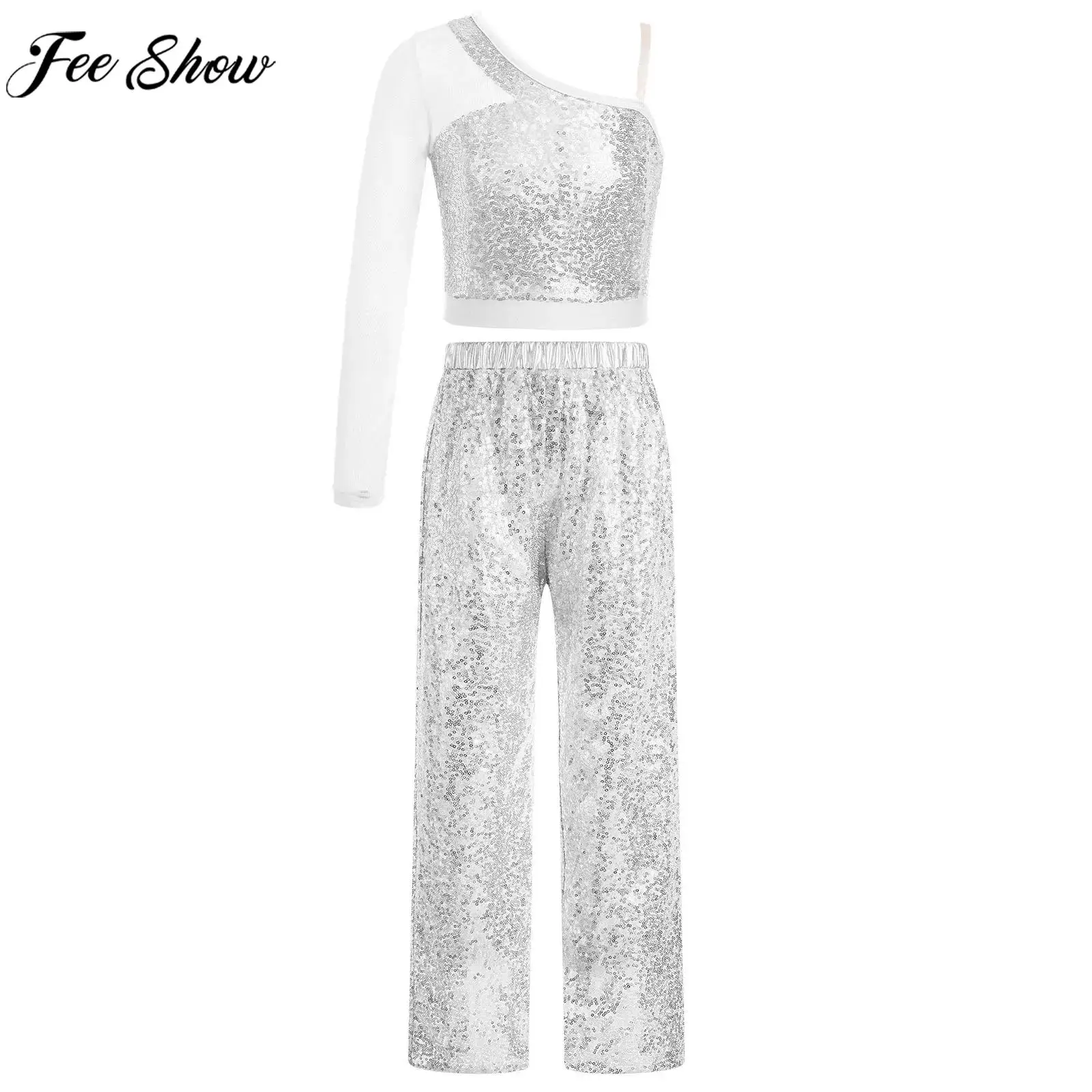 

6-16Y Girls Sequin Jazz Dance Cheerleading Performance Outfit One Shoulder Sheer Mesh Crop Top with Pants School Party Dancewear