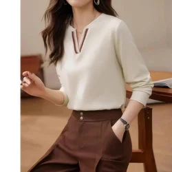 V-Neck Solid Color Pullover Long Sleeve Women's Clothing Casual Elegant T-shirt Spring Autumn Comfortable Flattering Tops