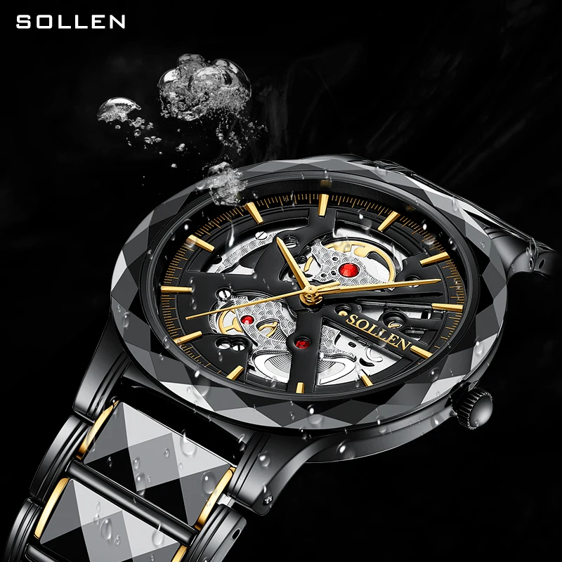 New Luxury Brand SOLLEN Japan MIYOTA Quartz Men\'s Watches Waterproof Skeleton Steel Relogio Masculino Ceramic Band Clock SL207