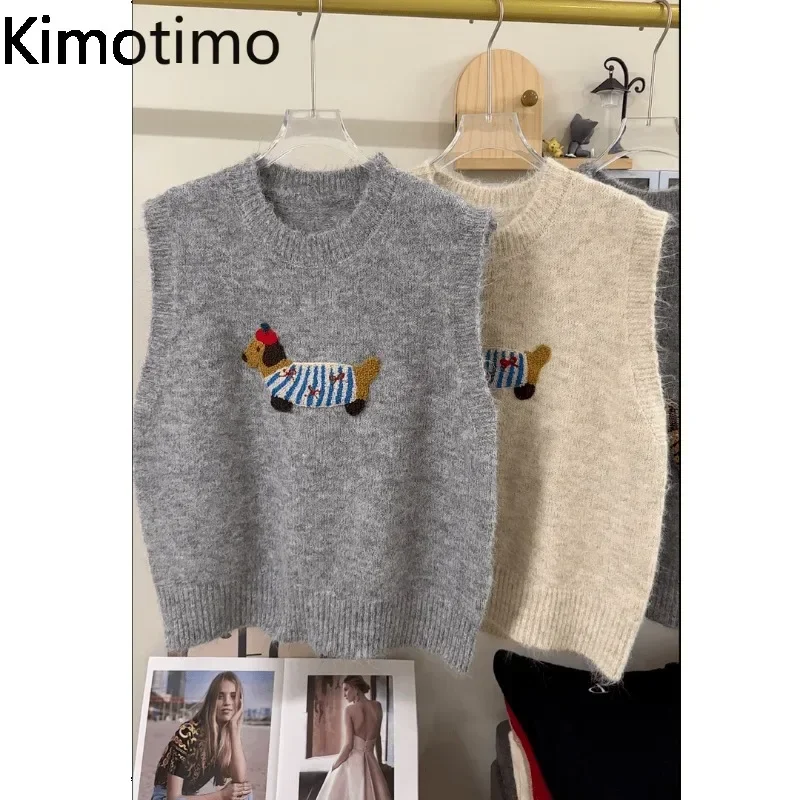 Kimotimo Korean Cartoon Embroidery Knit Vest Women O Neck Sleeveless Pullover 2024 Autumn Winter Sweet Overlap Waistcoat Sweater