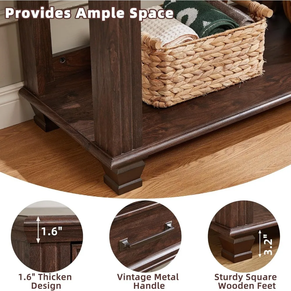 Rustic Wooden 2-Drawer Console Table with Open Shelf, Large Mid-Century Entryway Storage Furniture