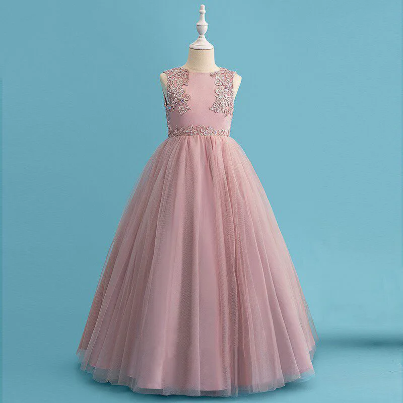 2026 New Girls Elegant Sleeveless Prom Dress Kids Lace Tulle Floor Length Gown for Birthday Wedding Flower Girl Piano Recital