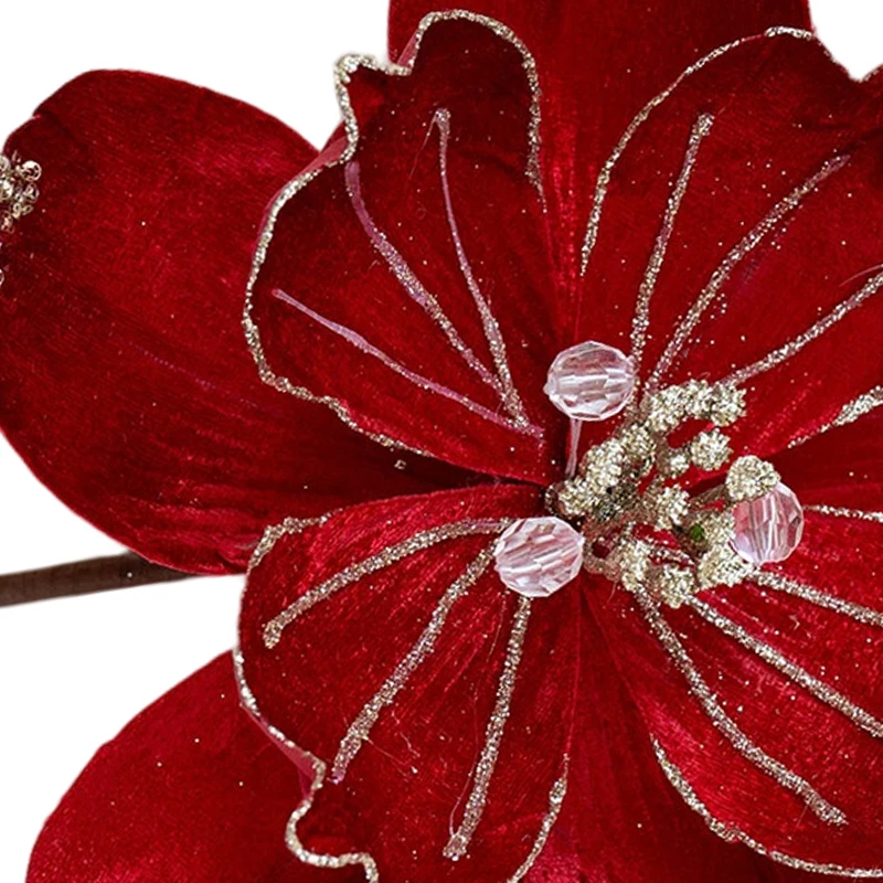 1pc 22cm Artificial Fabric Magnolia Christmas Flower Glitter Poinsettia Style Ornament For Xmas Tree Pendant Decoration New Year