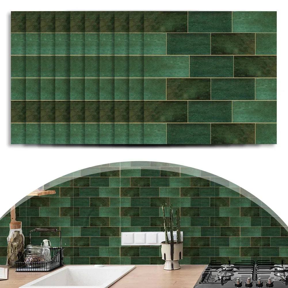 10Pcs Set Retro Dark Green Brick Wall Stickers Mosaic Tile Sticker Bathroom Kitchen Home Wall Background Embellishment