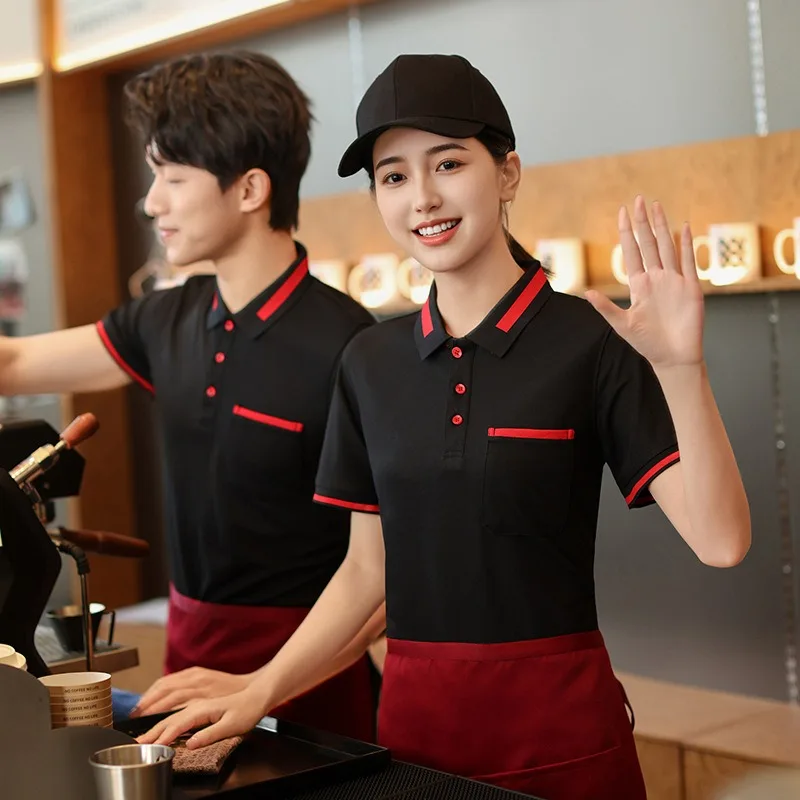

Waiter's Work Clothes T-shirt Summer Dining Restaurant BBQ Milk Tea Shop Collar Workwear Short Sleeved