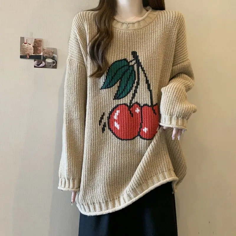 

Khaki Knitted Sweaters for Women Original Japanese New Knitwear Aesthetic Youthful Autumn Korean Fall Female Pullover Lazy Style