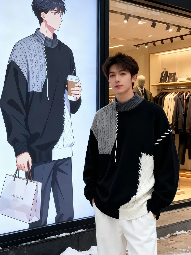 

Korean Sle Lazy Splice Color Blo Men's Knitwear Autumn Winter Inner Wear Outer Wear Design Sense Base Top