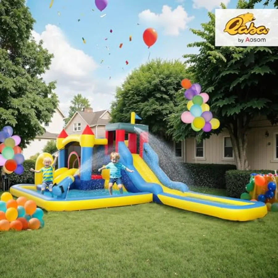 Opblaasbare waterglijbaan, Kids Bounce House Park 6 in 1 met 550 W blazer, splash-zwembaden, 2 glijbanen, trampoline, klimmuur, blik