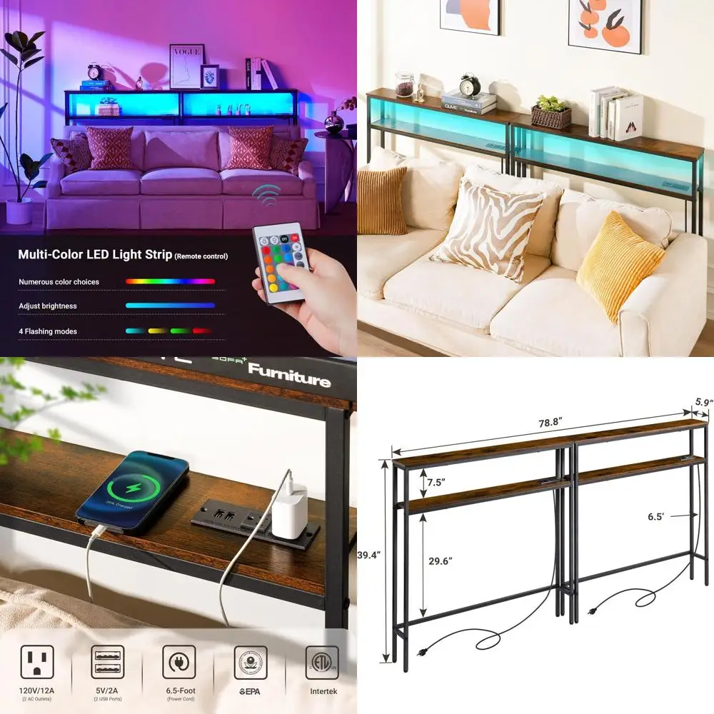 

Двухуровневый светодиодный консольный столик в деревенском коричневом цвете, глубиной 5,9, шириной и высотой 39,4, с зарядной станцией и шнуром длиной 6,5 дюйма