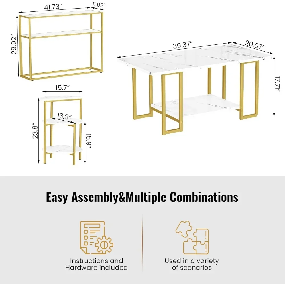 3 Pieces Modern Coffee Set, with End Table and Console Table, Contemporary Faux Marble Living Room Table Sets White and Gold