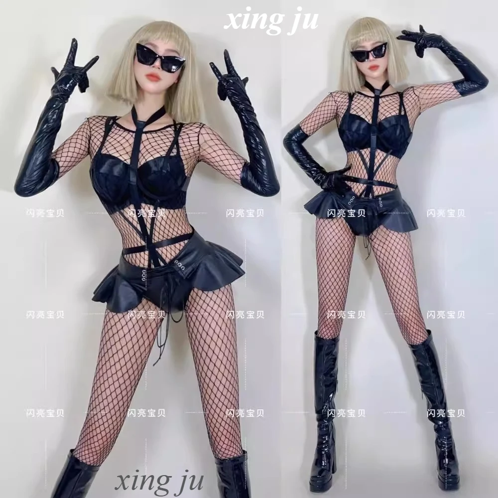 Nuevo disfraz de actuación de chica novedosa para discoteca, baile en barra, mono calado de malla negra Sexy, trajes de bailarina de escenario DJ para cantante femenina