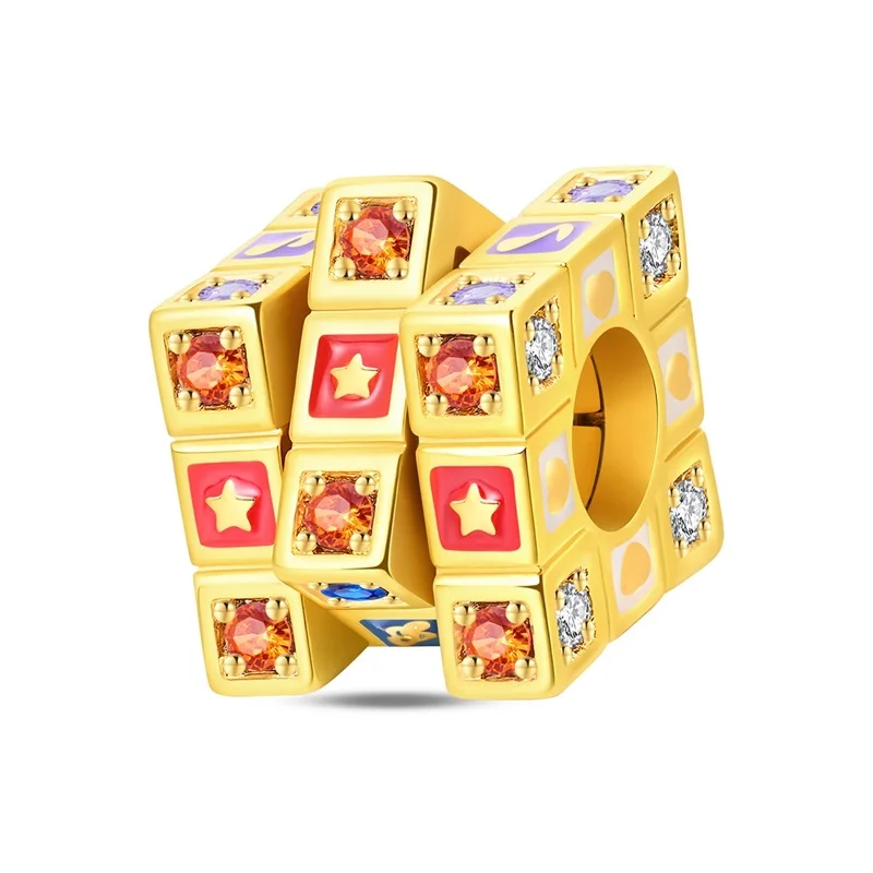 

New 925 Sterling Silver Golden Music Magic Cube Charms Bead Sparkling CZ Zircon Dangle For Original Bracelet DIY Women Jewelry