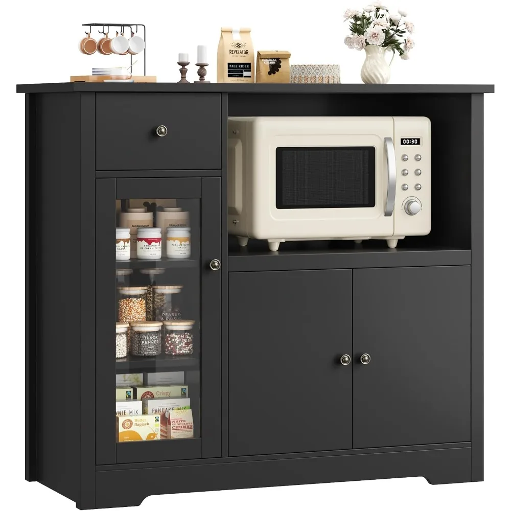 HORSTORS Microwave Cabinet, Kitchen Storage Cabinet, Microwave Stand, Black | Modern Kitchen Cabinet with Doors / 2 Adjustable Shelves / Drawer / Spacious Countertop for Dining Living Room, Apartment