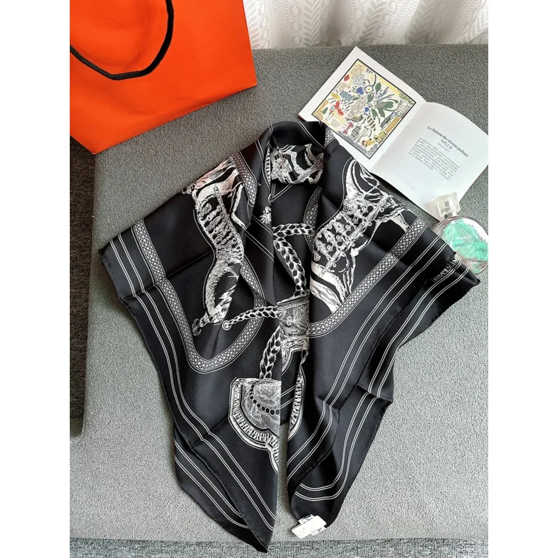 Scarf Women Black Party Scarf 90 Twill Silk Hijab Shawl Woman Scarves For Neck Satin Headscarf  For Hair Novelty 2024