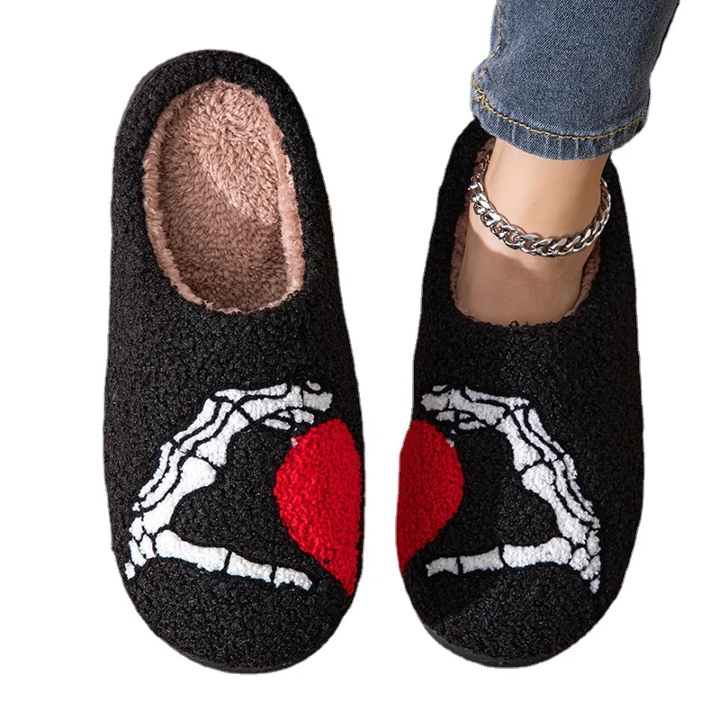 Couples Home Slippers Skull Hand Love Heart Valentine's Day Gift Winter Warmy Cotton Shoes Non Slip Fluffy Comfy Shoes Gift