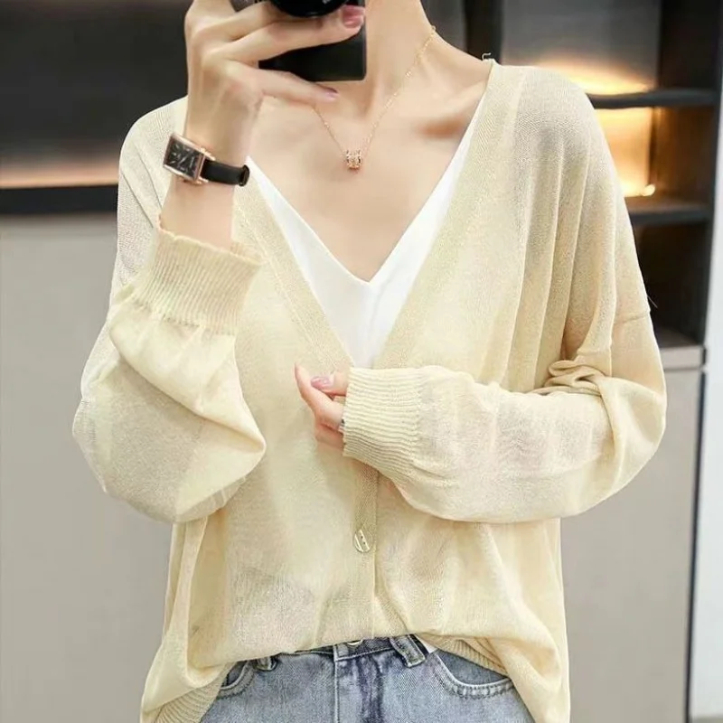 

Loose V-neck Thin Top Linen Long-sleeved Knitted Cardigan Sunscreen Jacket Summer Air-conditioning Shirt for Women