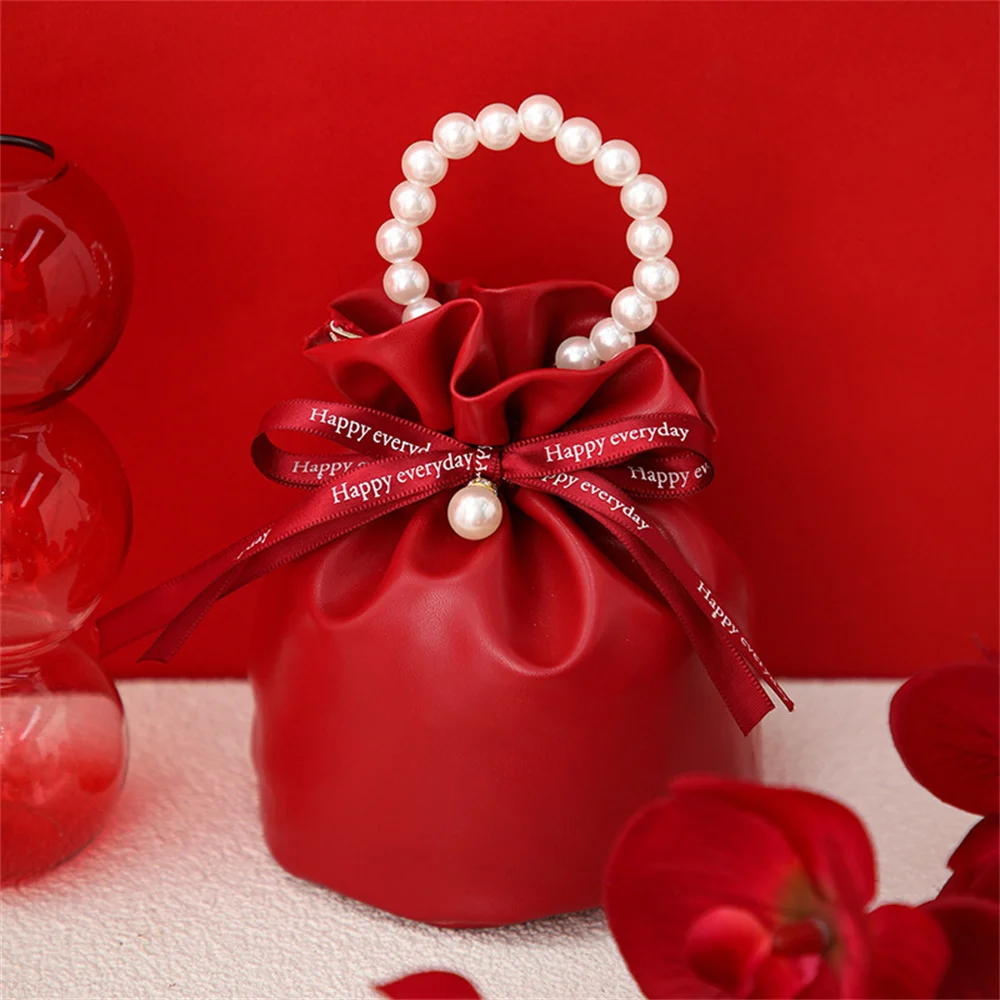 Creative Wedding Handbag Elegant Ribbons Pu Leather Gift Box Bag Christmas New Year Pearl Handle Bag Candy Box Bag Buckle