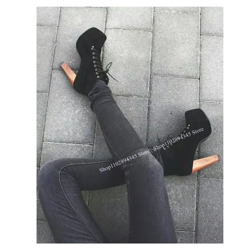 Black Lace Up Mid Calf Fleece Boots Chunky Heel Square Toe Fashion Sexy Cool 2024 Winter Big Size Woman Shoes Zapatillas Mujer