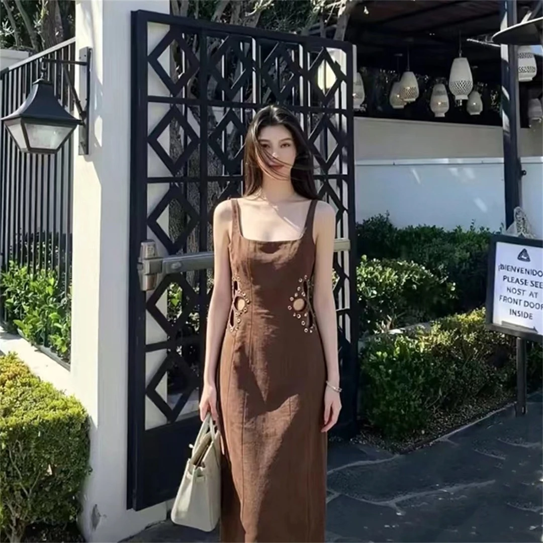 

French Style Holiday Vibes High Waist Hollow out Sleeveless Coffee Color Dress Sexy Belly Baring Casual A-Line Gown