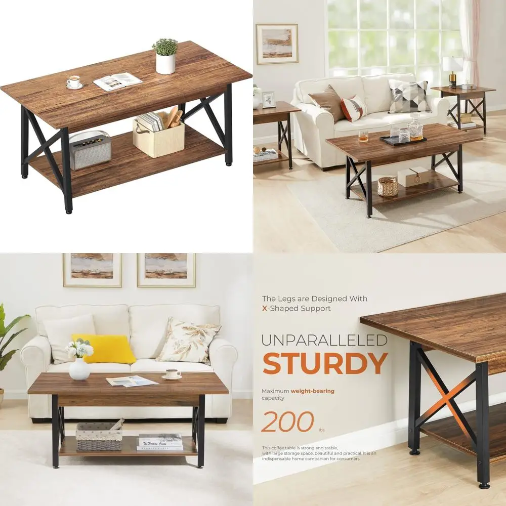 Large 43 Modern Farmhouse Coffee Table with Storage, X-Frame Design, Walnut Finish, Space-Saving for Living Room, Easy Assembly