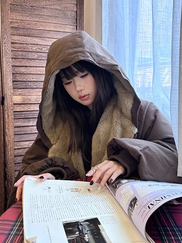 

Женское теплое пальто Thiened в стиле ретро в стиле американского с капюшоном, зимняя верхняя одежда из норки с имитацией норки