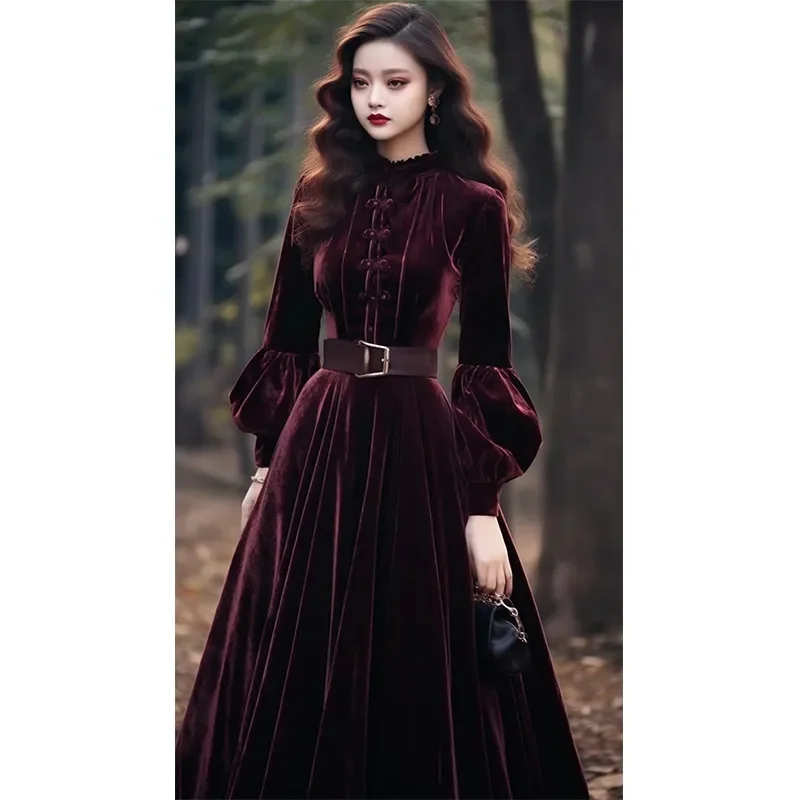 Autumn Winter Women\'s Velvet Dress New Fashion Evening Party Long Dress Style Super Beautiful Purple Red Velvet Dresses Vestidos