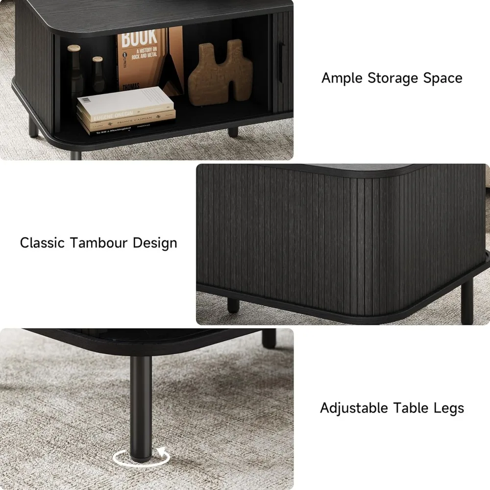 Mid-Century Modern Rectangular Coffee Table with Storage, 47.2 Living Room Wood Centerpiece with Sliding Shelf