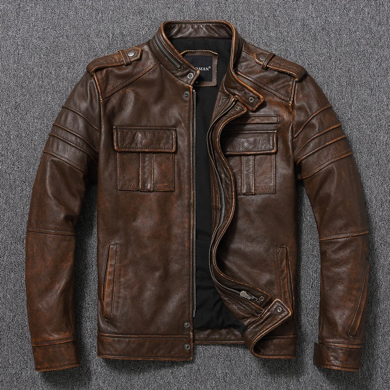 Casual Leather Jacket Men Real Cow Leather Retro Vintage Leather