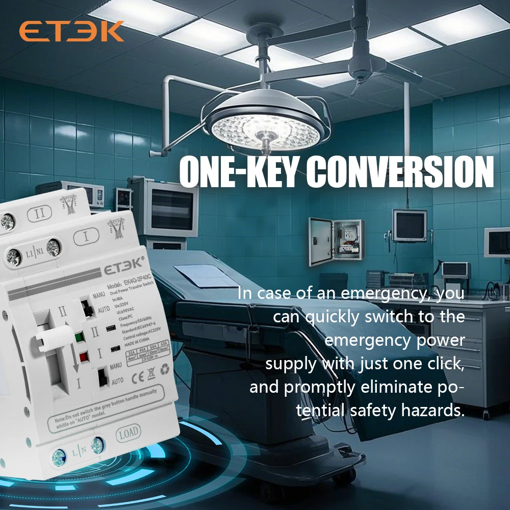 ETEK Din Rail 2P/4P 220V ATS Dual Power Automatic Transfer Switch Electrical Selector Switches Uninterrupted Power 40A 63A EK4Q