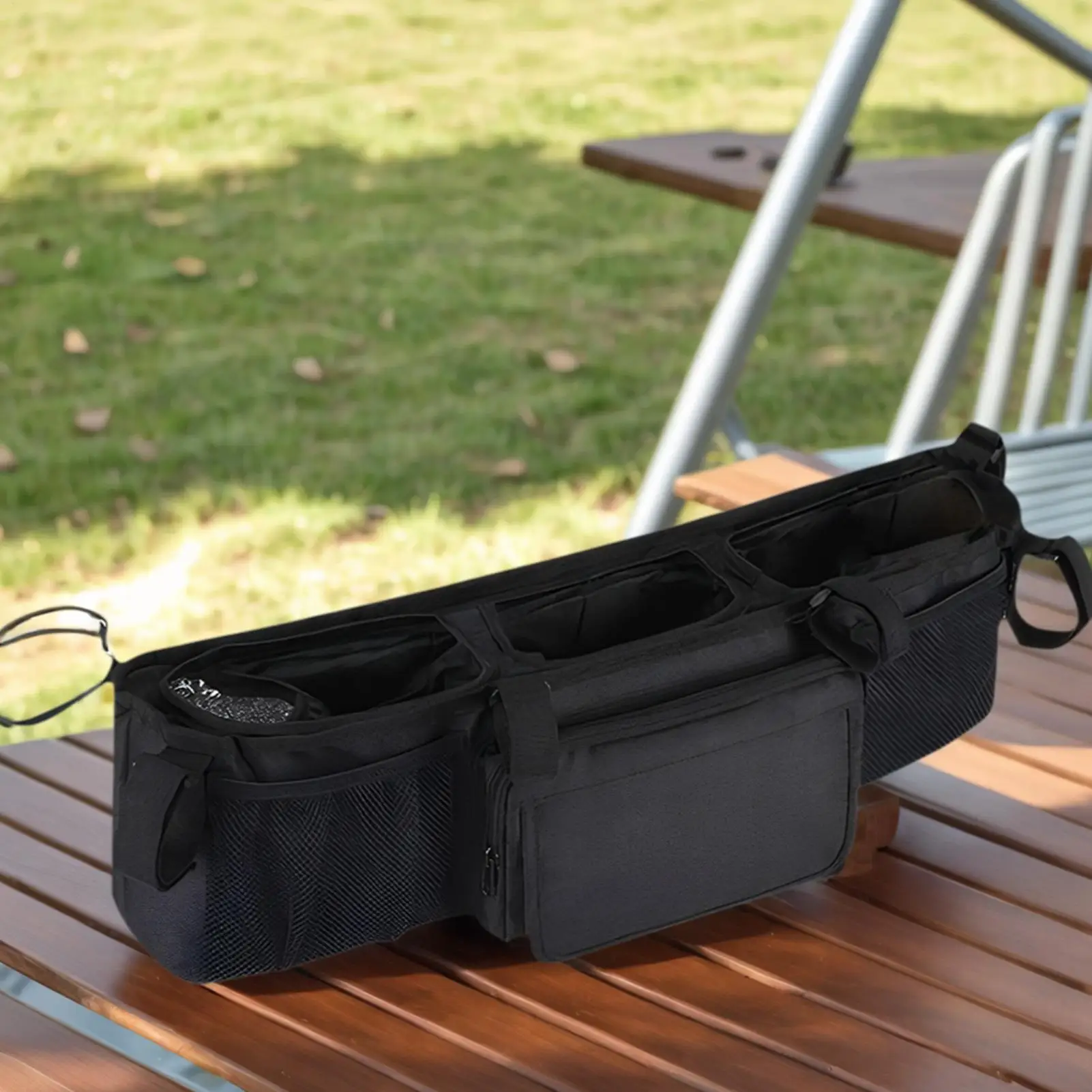 

Двойные аксессуары для колясок, просторная водонепроницаемая организация с 3-х отделениями, органайзер для коляски с подстаканником для путешествий