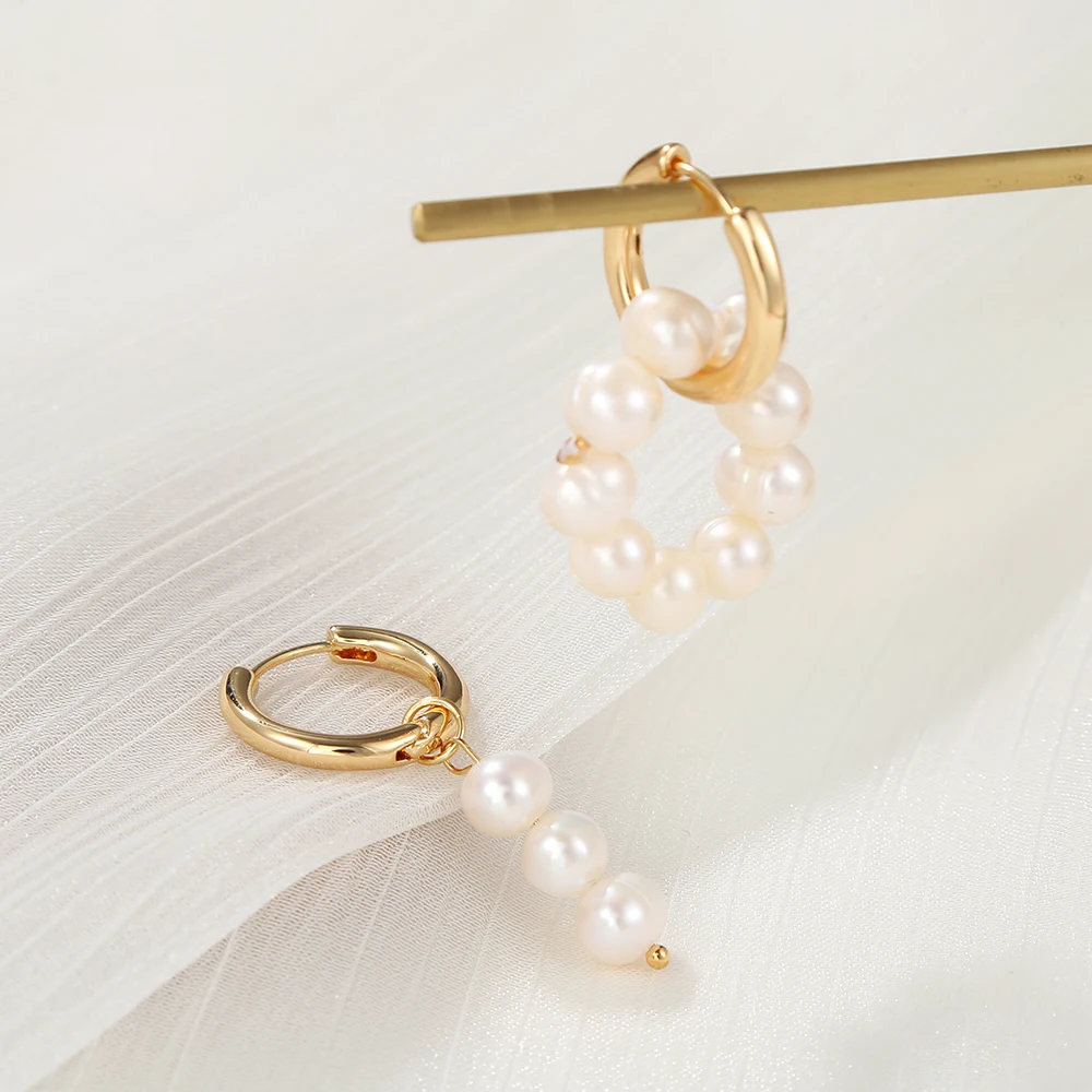 Asymmetric Natural Freshwater Pearl Beaded Drop Earrings Double Circle Dangle Earrings French Unusual French Hanging Earrings