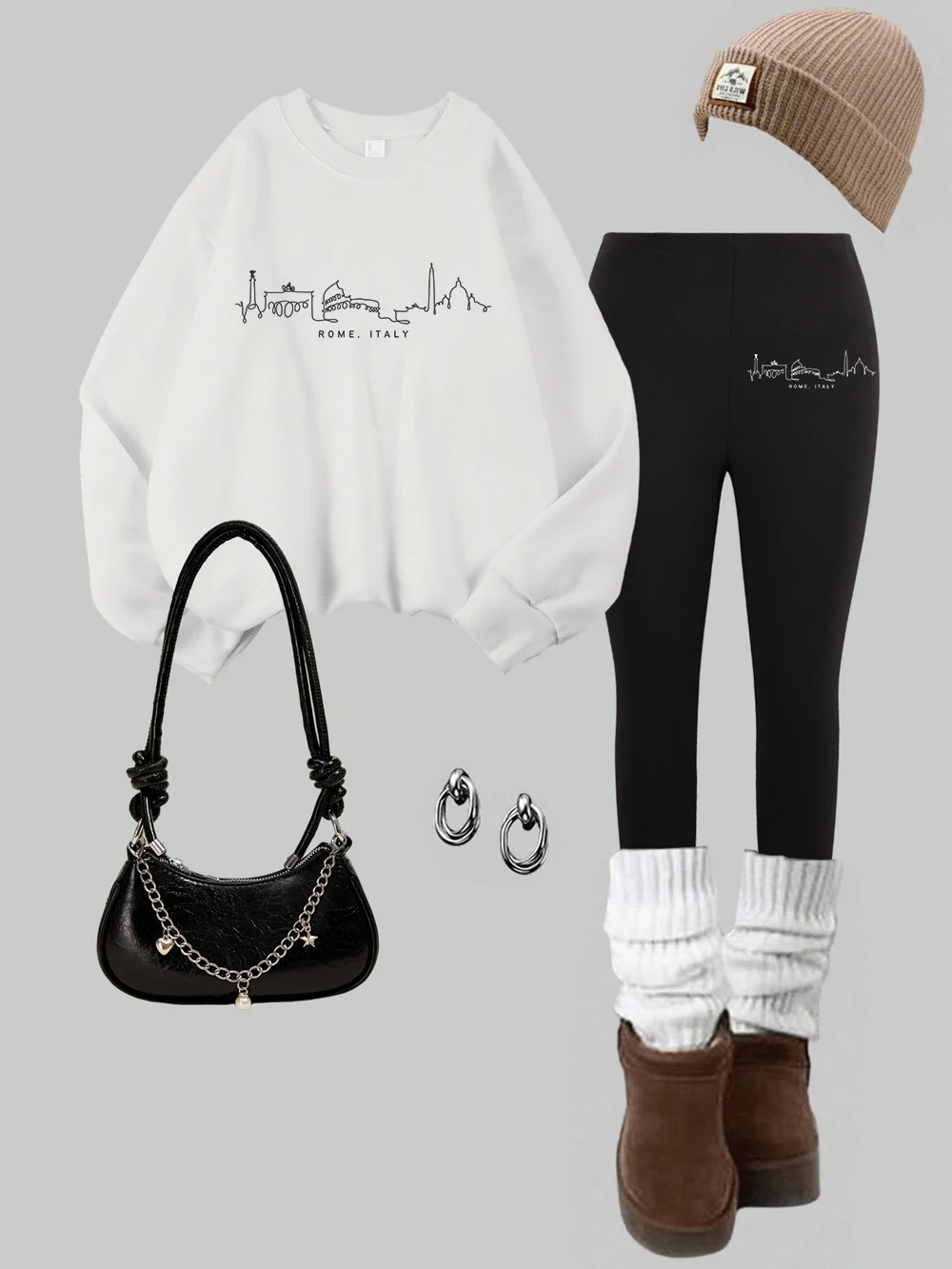 Set Legging dan Sweatshirt Wanita 2 Potong dengan Cetakan Roma Italia Colosseum, Pakaian Musim Dingin Hangat dan Nyaman untuk Wanita