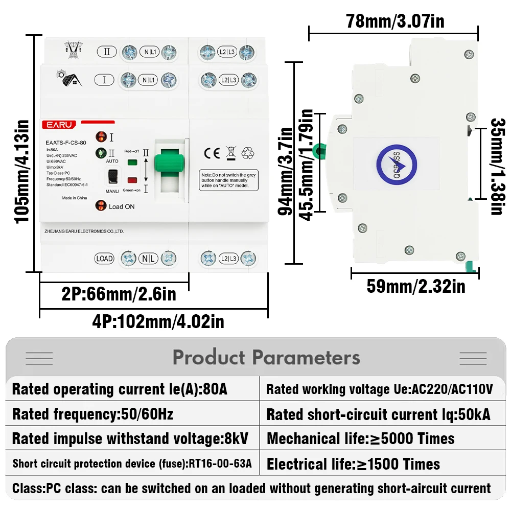 Din Rail 2P 4P PV ATS Dual Power Automatic Transfer Switch Electrical Selector Switches Uninterrupted Power 80A AC 110V AC 220V