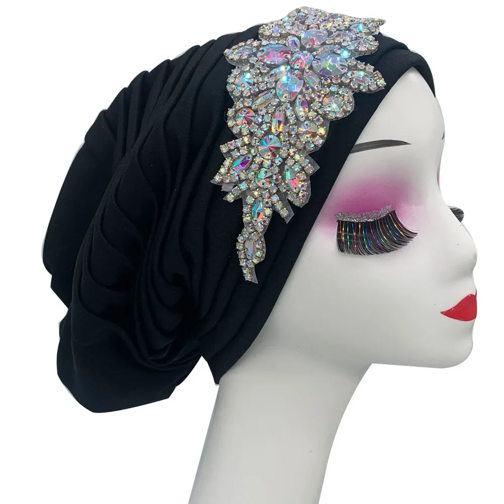 

Luxury Rhinestones Turban Caps for Women Pleated African Headwraps Wedding Headpiece Muslim Headscarf Bonnet Turbante Mujer