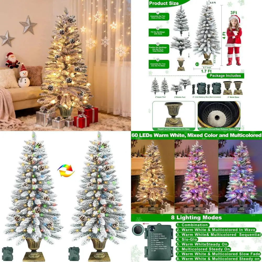

4ft Snowy Christmas Entrance Tree with 8-Mode Timer, 60 LED Lights, and 12 Battery-Powered Pine Cones for Home Porch